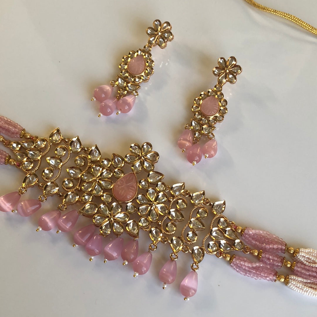 Baby Pink Floral Stoned Choker Necklace Earrings Set