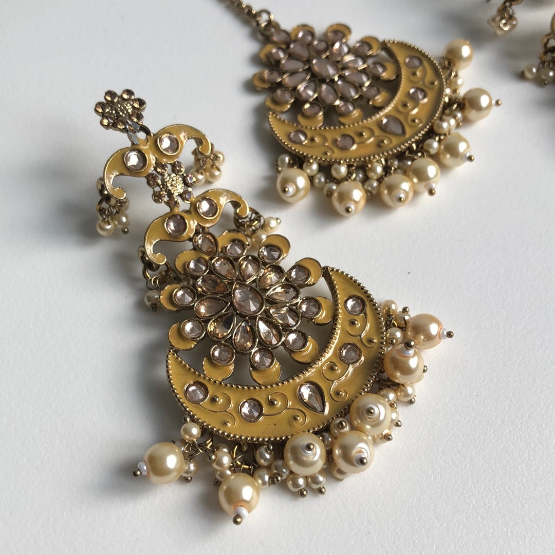 Mustard Yellow MeenaKari Chandelier Earring Tikka Set