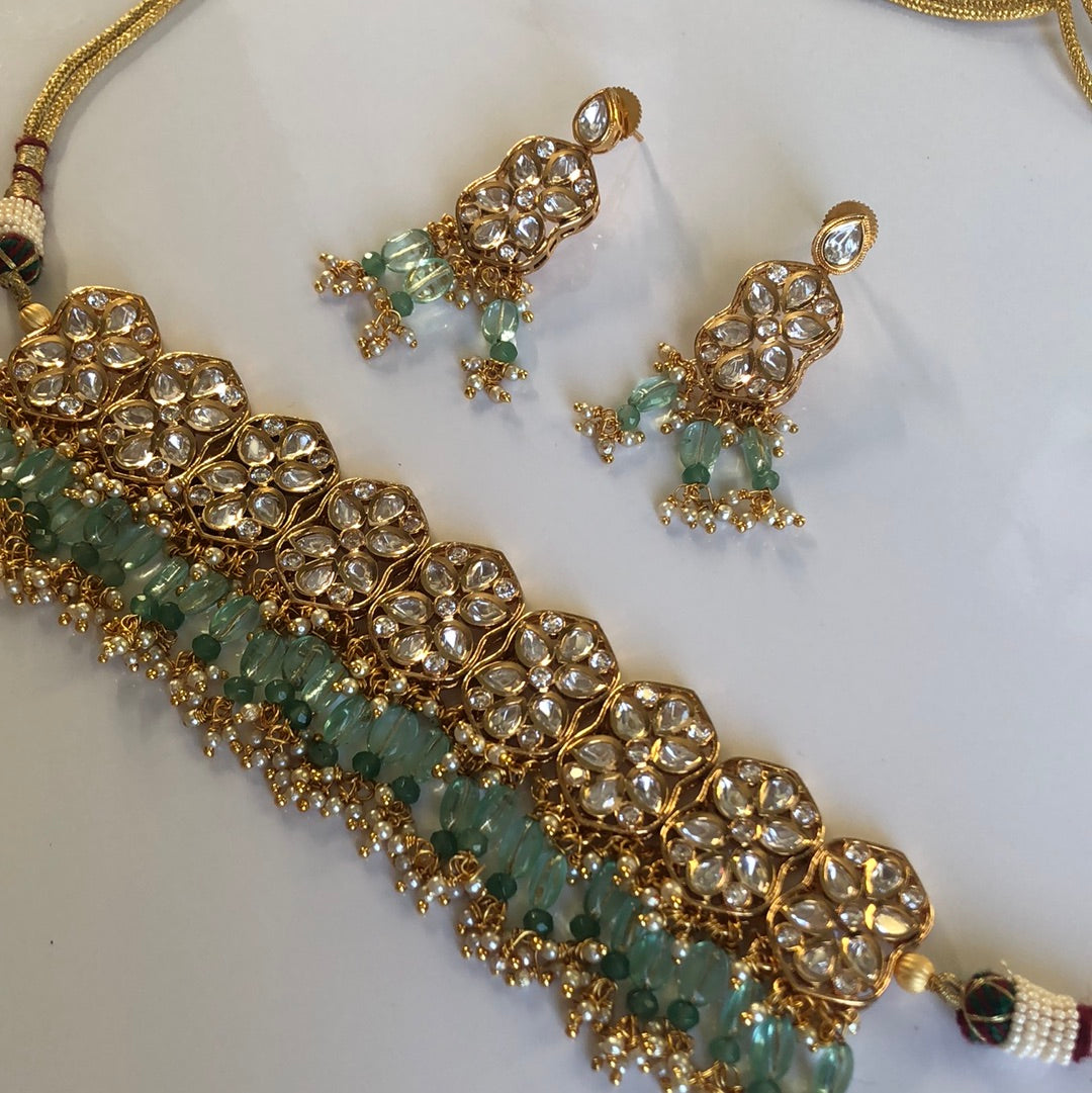 Sea Green Gold Plated Choker Necklace Earring Set