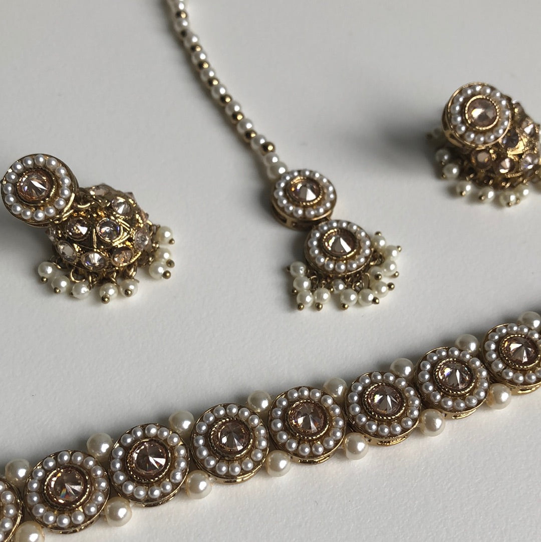 Circle Gold Pearl Choker Jumke Necklace Earring Tikka Set