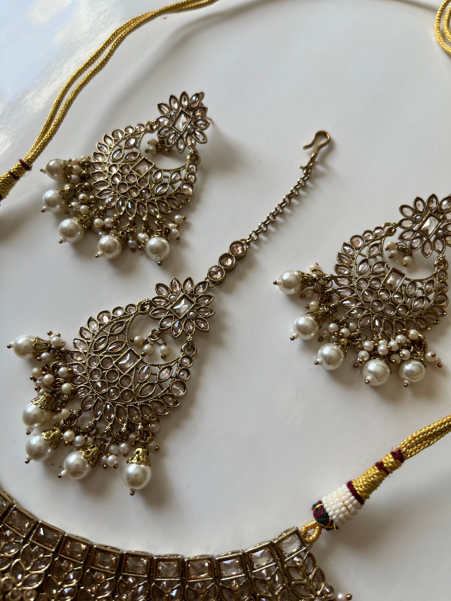 Gold Floral Drop Necklace Earring Tikka Set