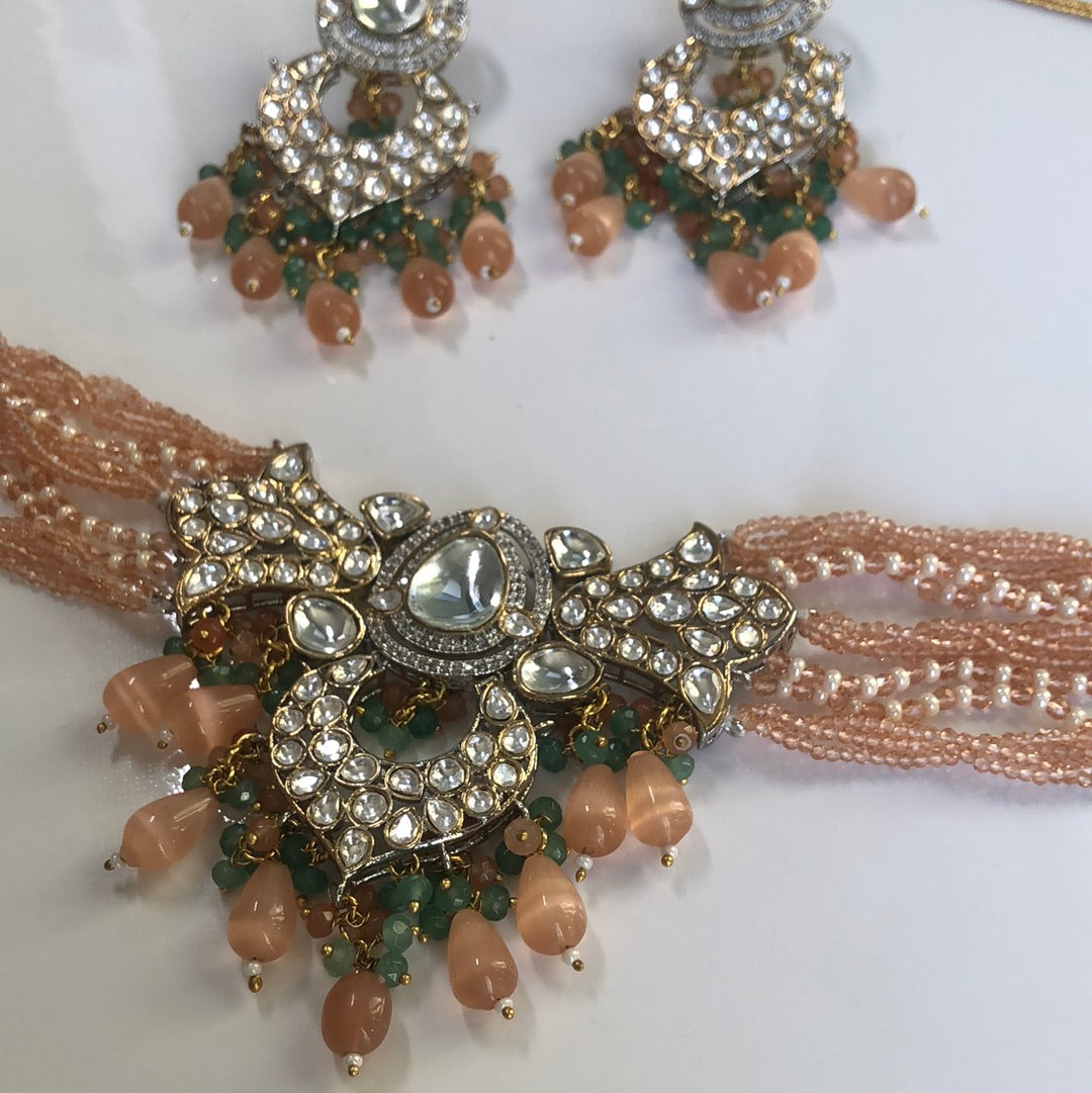 Peach Sea Green Choker Necklace Earring set