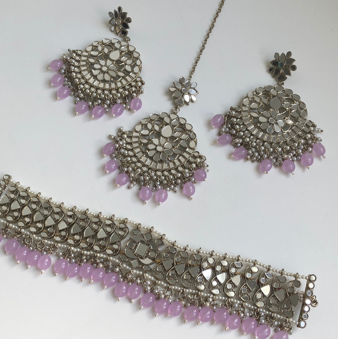 Lavender Mirrored Necklace Earring Tikka Set