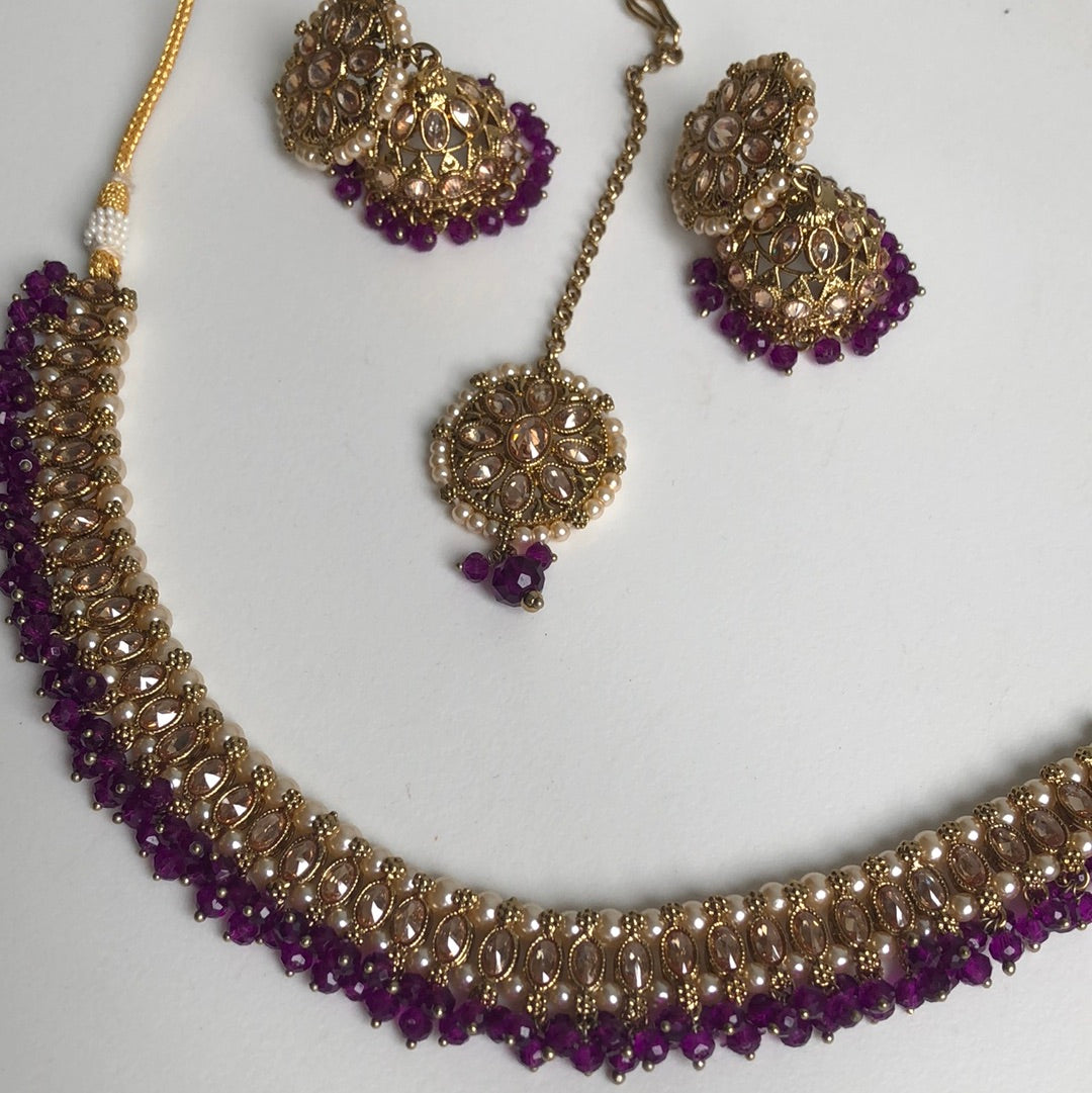 Purple Jumke Necklace Earring Tikka Set