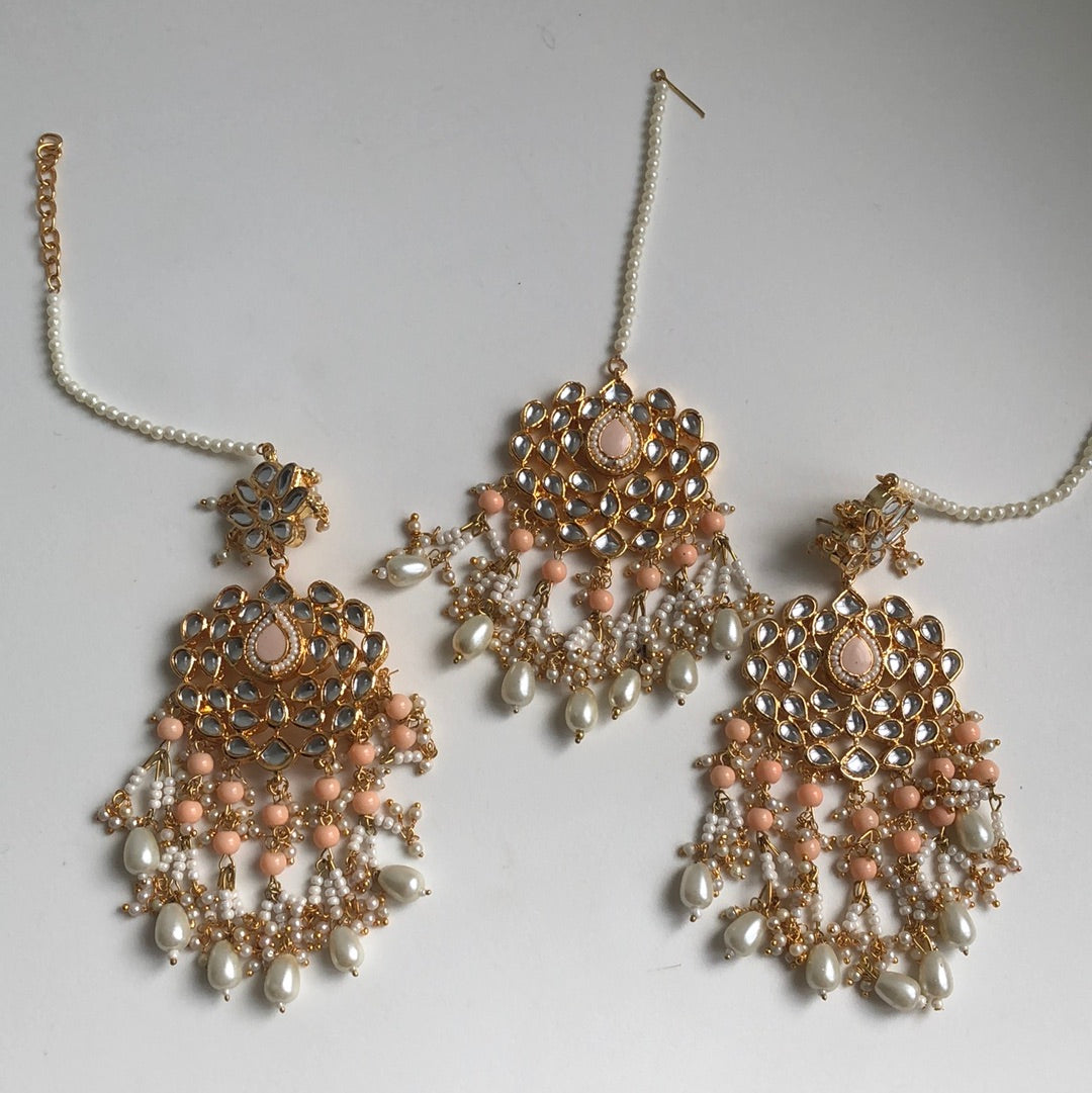 Peach Waterfall Pearl Necklace Earring Tikka Set