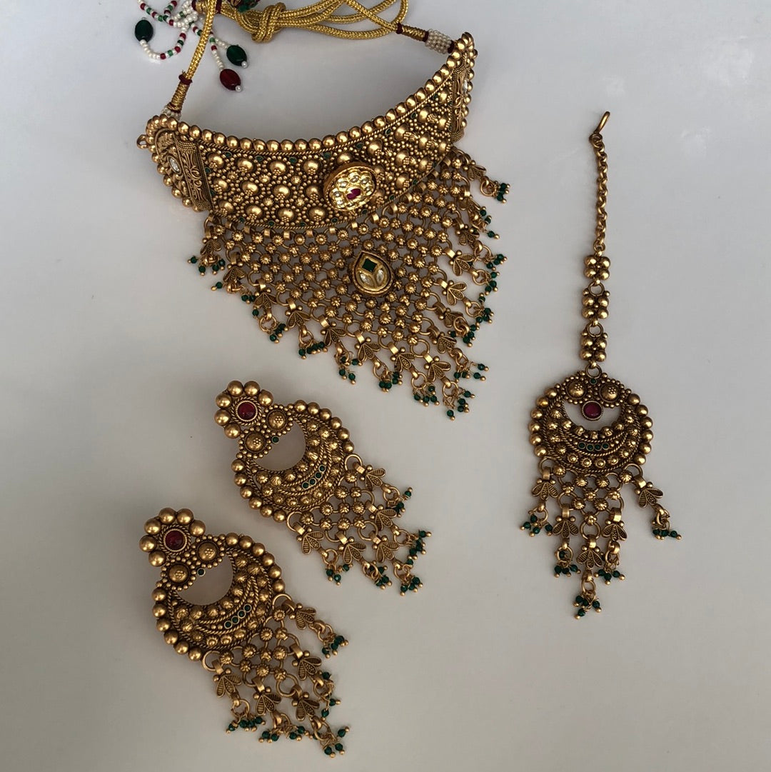 Royal Choker Mesh Necklace Earring Tikka Set