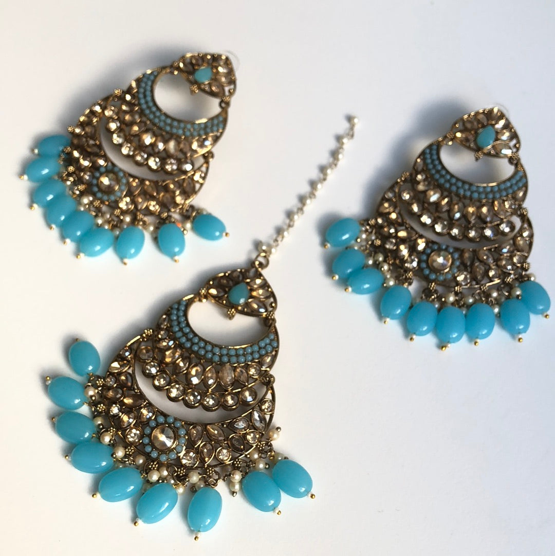 Aqua Blue Earring Tikka Set