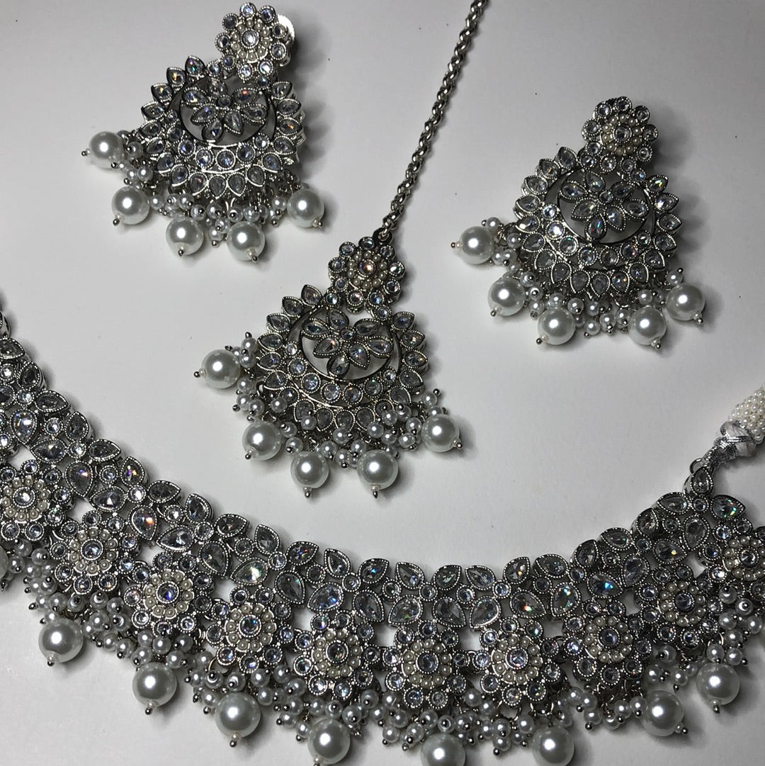 Polki Silver Crystal Necklace Earring Tikka Set