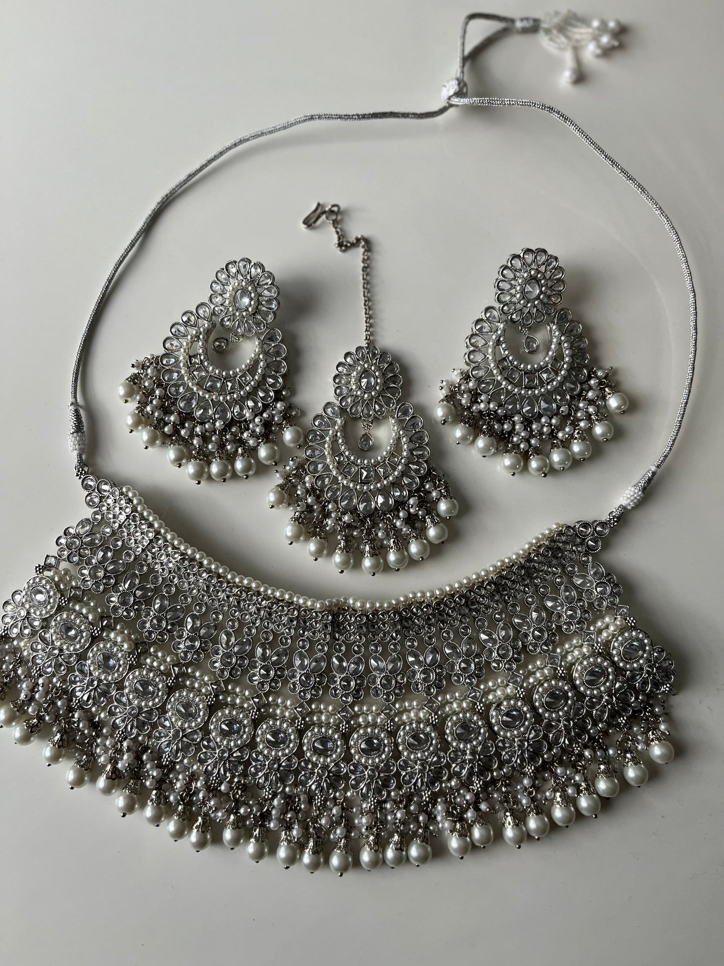 Silver Bridal Necklace Earring Tikka Set