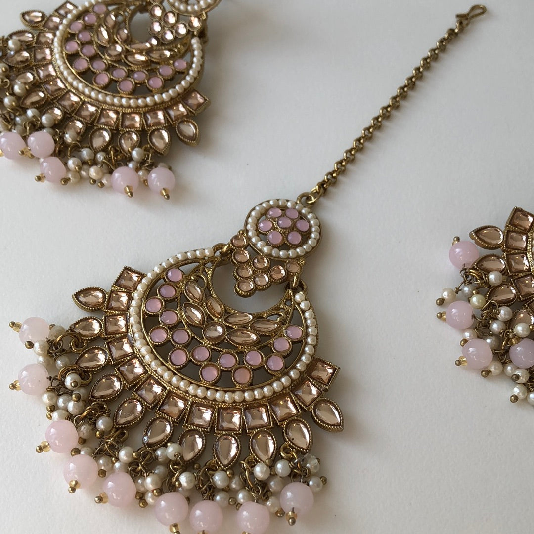 Baby Pink Blush Earrings Tikka Set