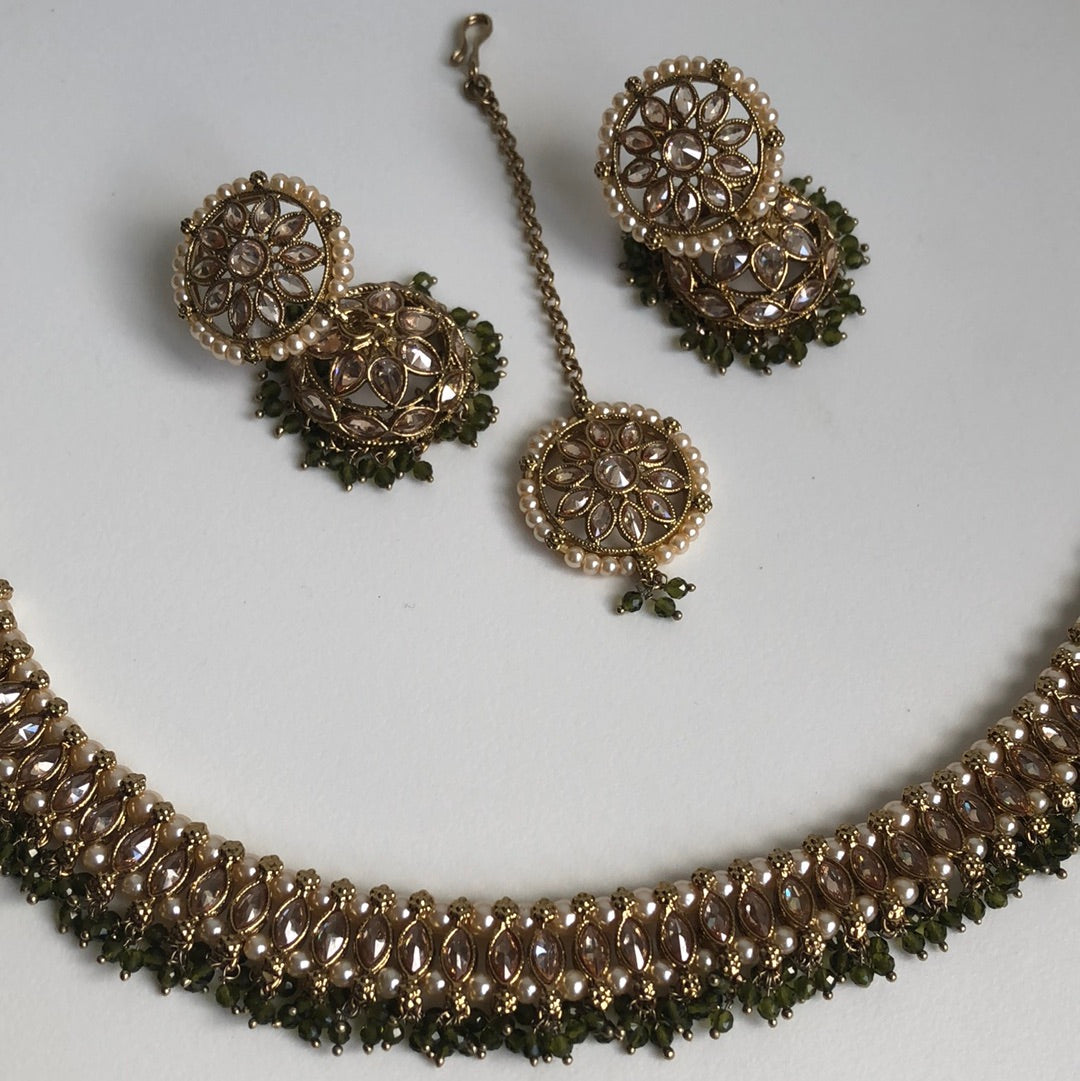 Mehndi Green Choker Necklace Earring Tikka Set