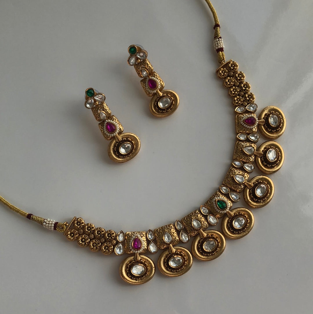 Antique Gold Plated Kundan Necklace Earring Set