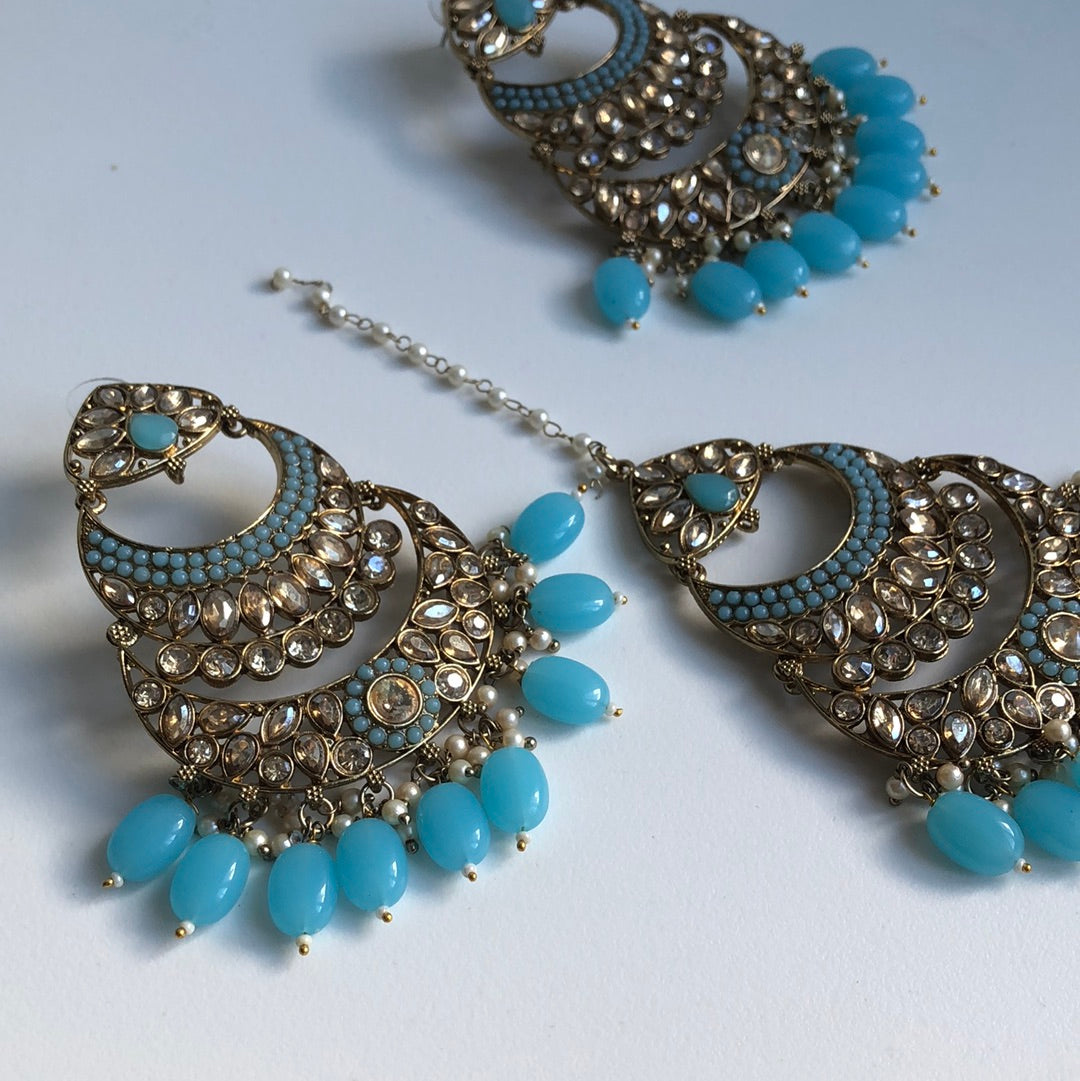 Aqua Blue Earring Tikka Set