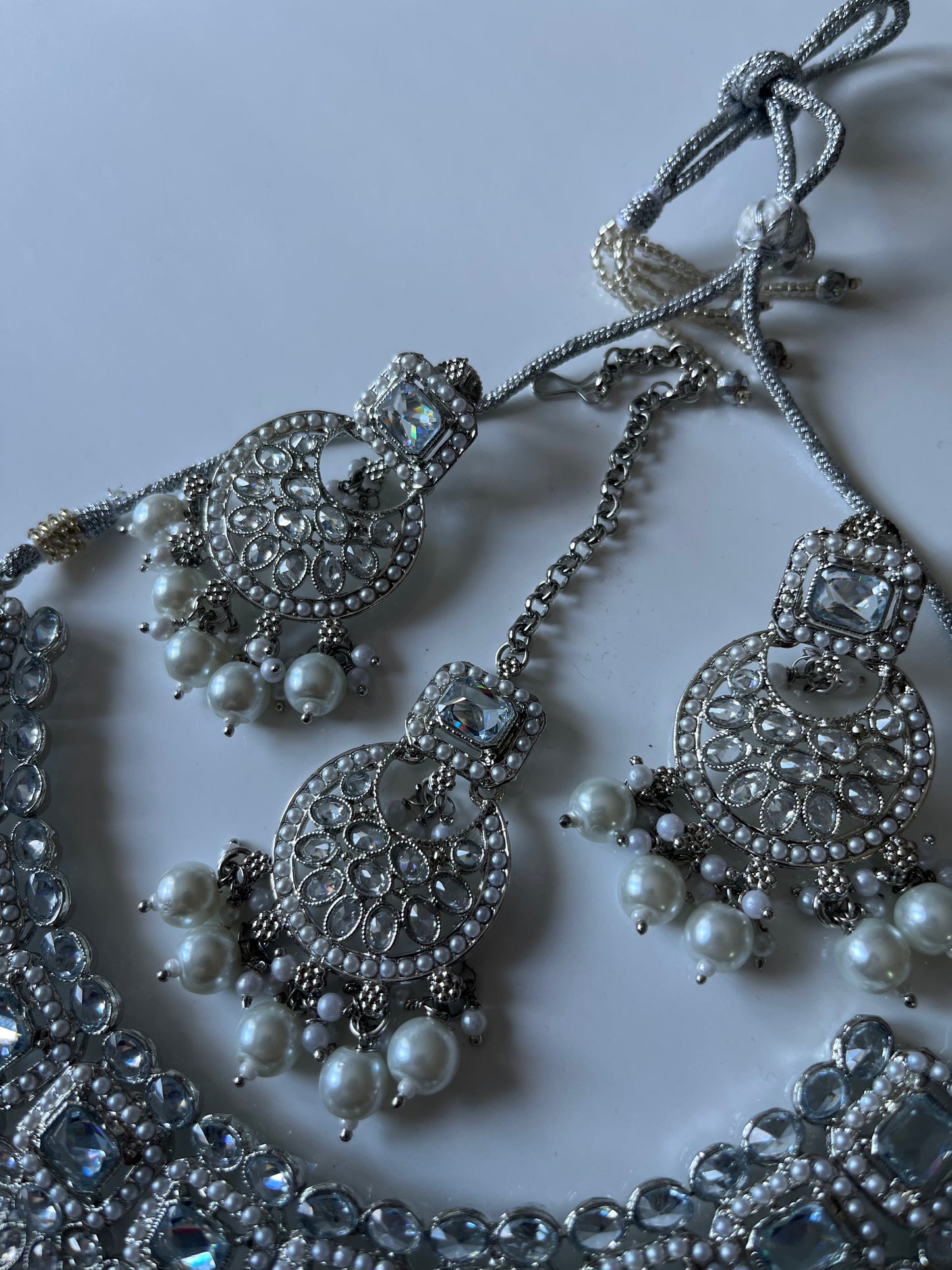 Stunning Silver Pearl Necklace Earring Tikka Set