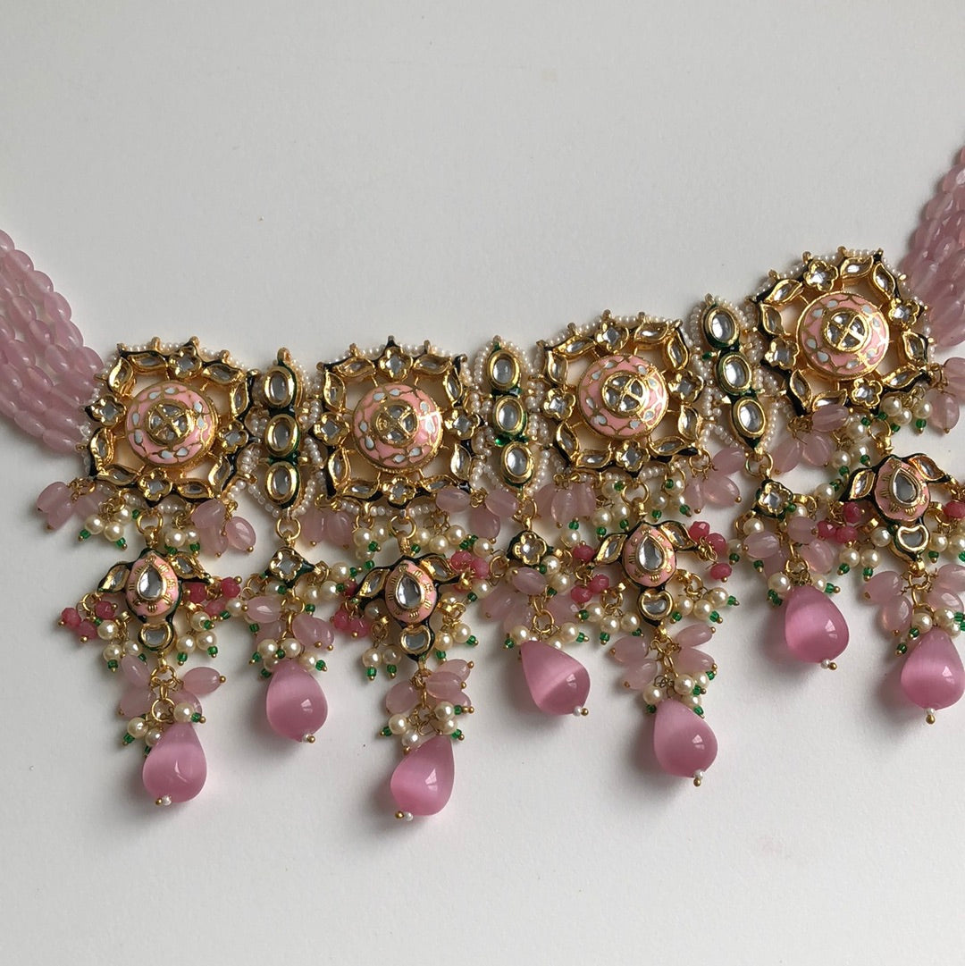 Pearly Pink & Green Necklace Earring Tikka Set