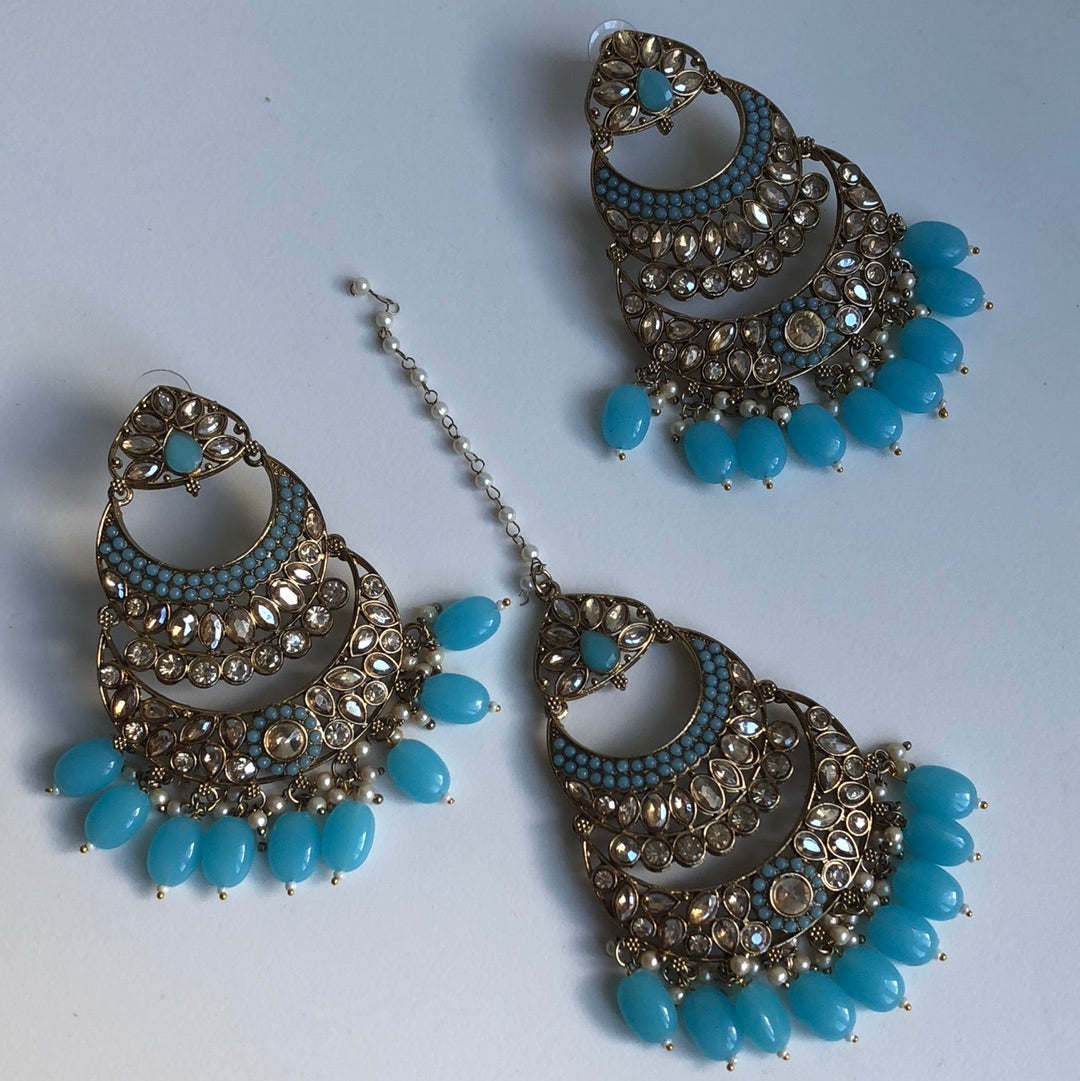 Aqua Blue Earring Tikka Set