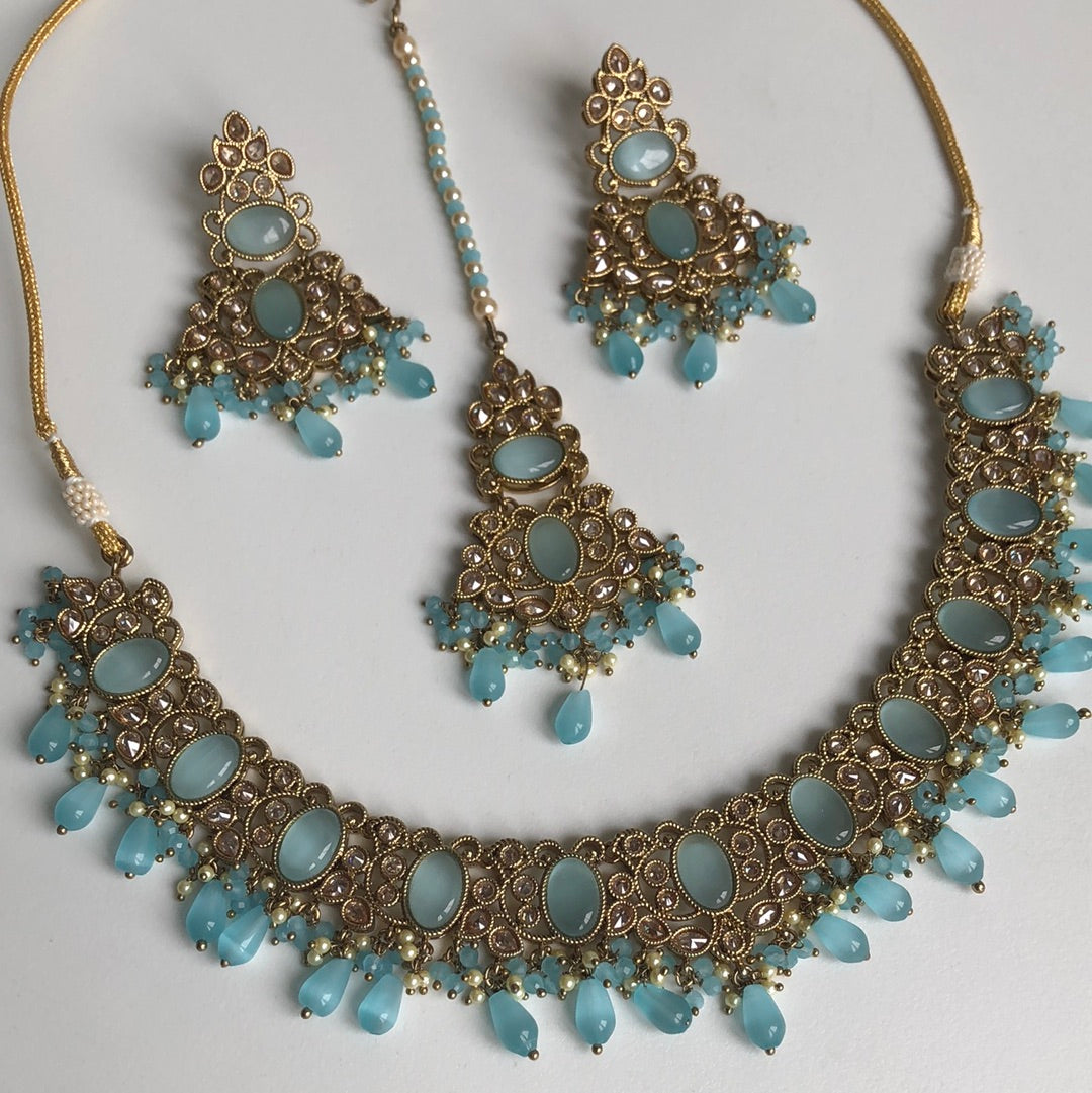 Ocean Blue Elegant Stone Necklace Earring Tikka Set