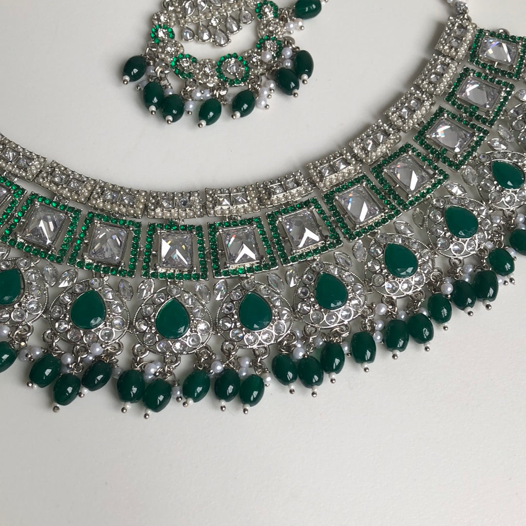 Silver Crystal Emerald Green Bridal Necklace Tikka Earring Set