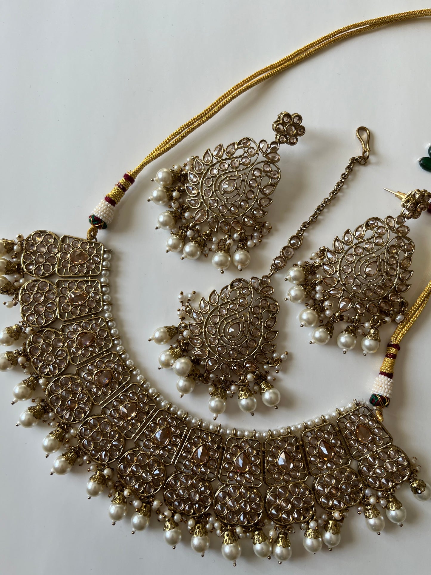 Semi-Bridal Gold Pearl Necklace Earring Tikka Set