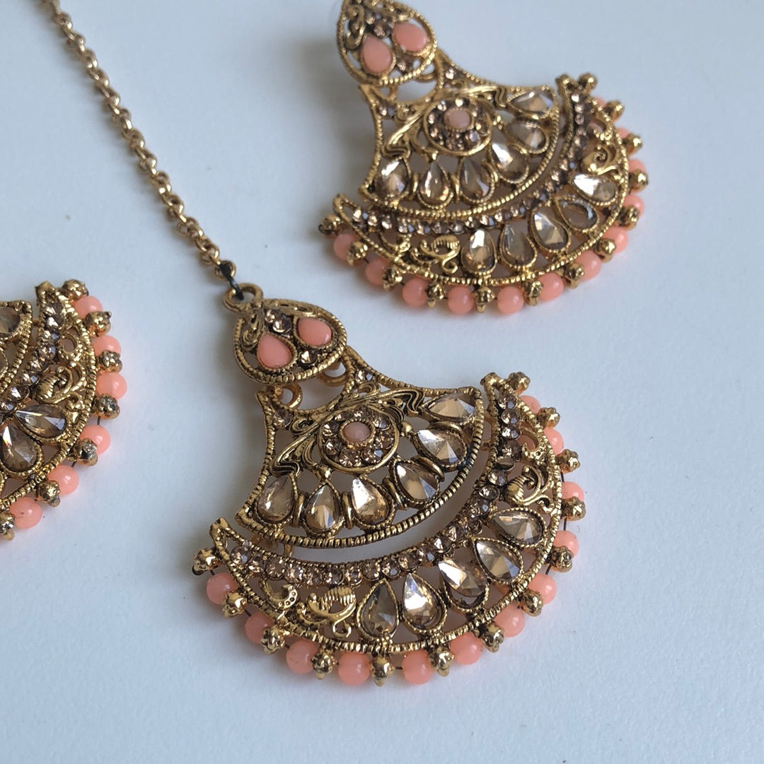 Peach Gold Crystal Earring Tikka Set