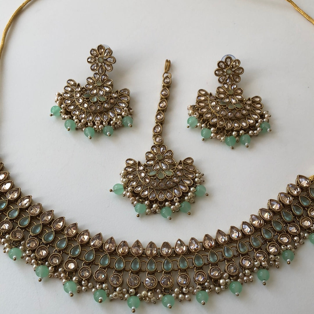 Stunning Sea Green Necklace Earring Tikka Set
